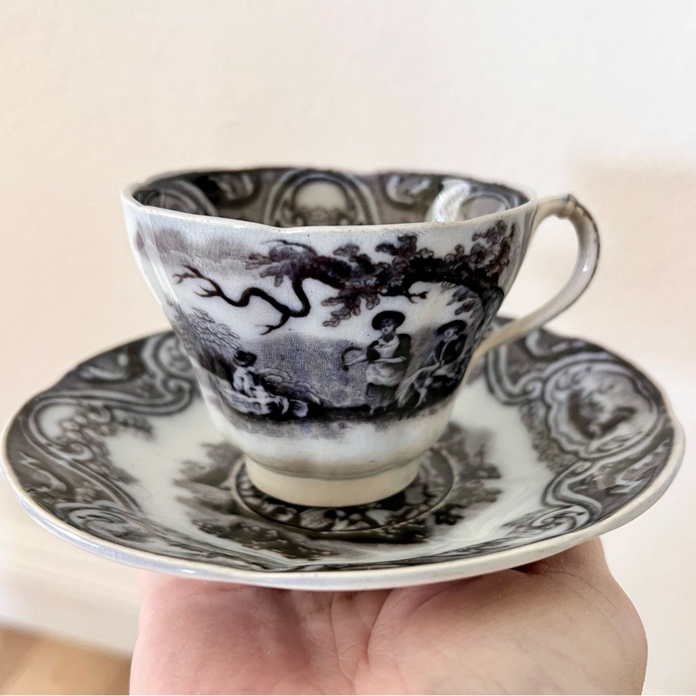RARE Antique 1850 Davenport Gleaner Ironstone Black Flow Transferware Cup Saucer